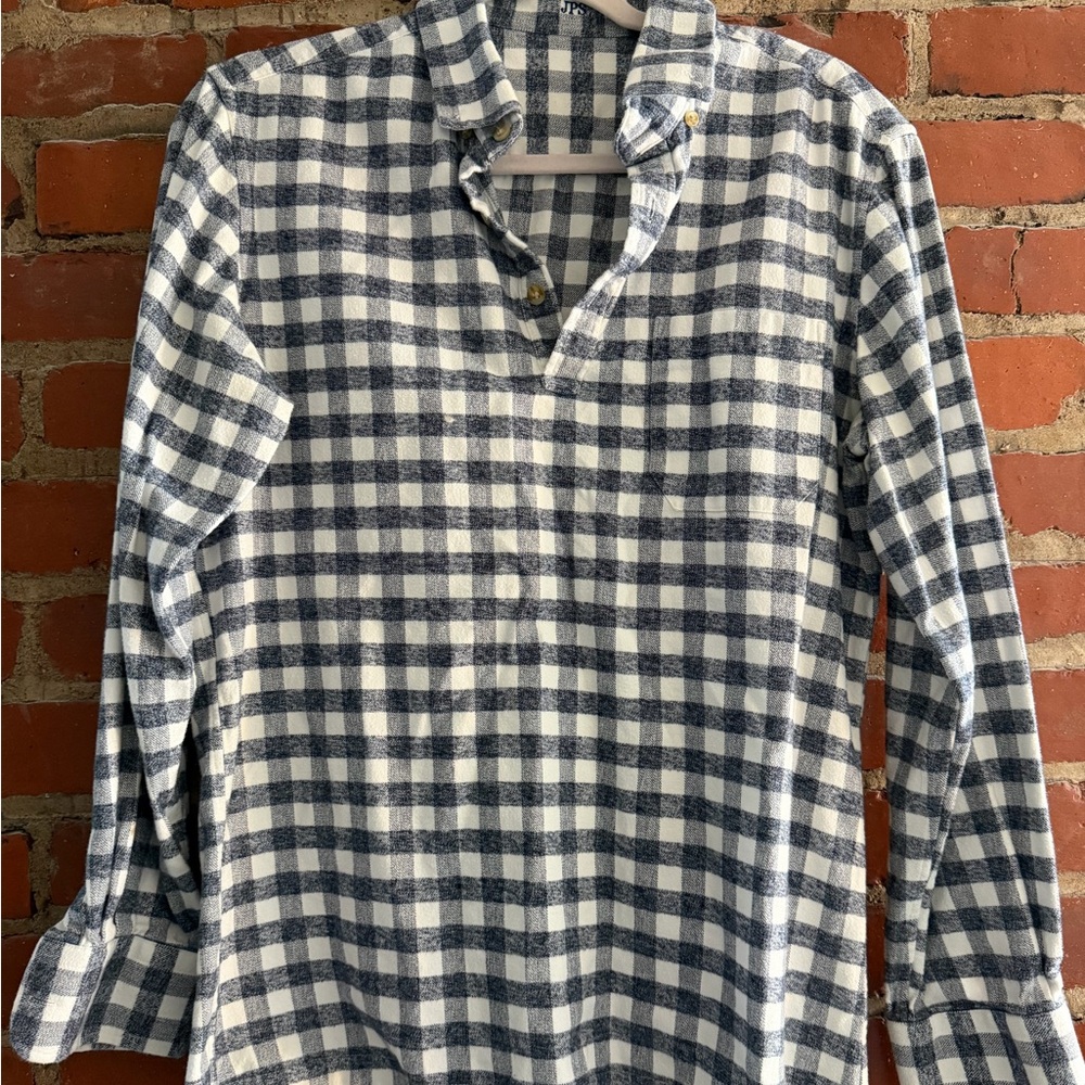 Blue and White Checked Button-Down Pullover Shirt